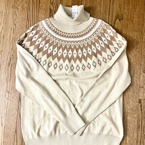 L.L. Bean Cream and Brown Fair Isle turtleneck Sweater NWT Cotton/Cashmere